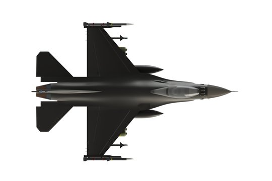 Top view of F16, american military fighter plane on white background, 3D rendering