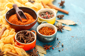 Spices and condiments in small bowls