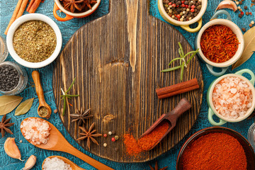 Spices and condiments in small bowls