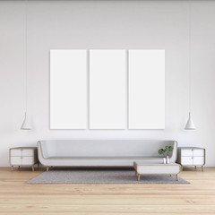 Modern Living room white wall wood floor with 3 frames 3d rendering