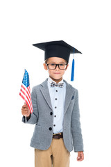 schoolboy with usa flag and graduation hat