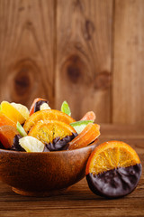 Homemade candied fruit in chocolate