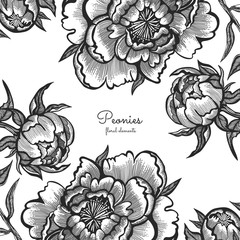 Floral frame with hand drawn vintage peonies. Vector elements for design template. Ornate decor for invitations, wedding greeting cards.