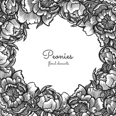 Floral frame with hand drawn vintage peonies. Vector elements for design template. Ornate decor for invitations, wedding greeting cards.