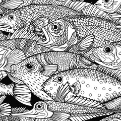 Seamless pattern with image of different fish. Vector black and white illustration.