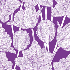 Naklejki  Ręcznie rysowane ilustracji wektorowych Szwu z ozdobnymi doodle tulipany ręcznie rysowane w liniach. Ilustracja wektorowa