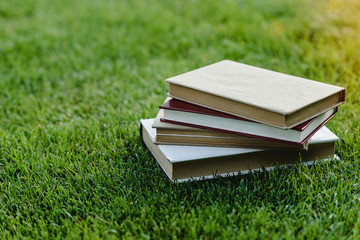 Close-up view of pile of books on green grass at sunset