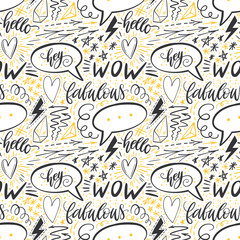 Calligraphy hand lettering seamless pattern. Positive signs, star, heart, speech bubbles, geometric forms. Perfect for print, textile, t-shirts, phone cases. Modern surface design. Vector illustration