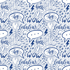 Calligraphy hand lettering seamless pattern. Positive signs, star, heart, speech bubbles, geometric forms. Perfect for print, textile, t-shirts, phone cases. Modern surface design. Vector illustration