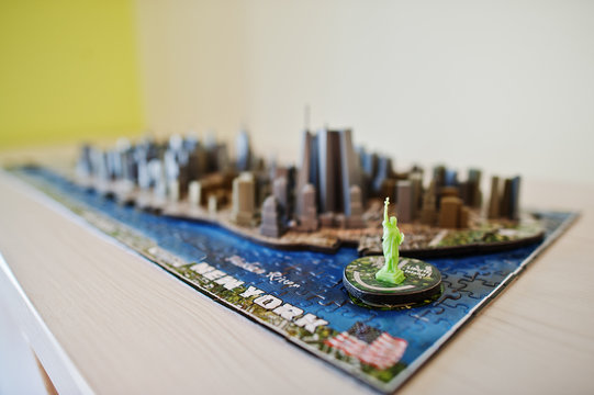 Close-up photo of a 3d New York City map assembled from puzzles.