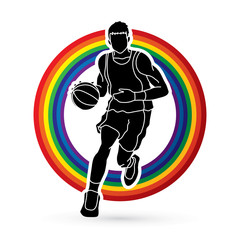 Basketball player running front view designed on line rainbow background graphic vector