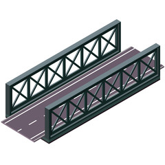Vector bridge in isometric 3d perspective isolated on white background. Industrial transportation building. Metallic architecture. Asphalt road steel bridge. Assembled riveted bridge construction.