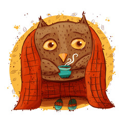 Cute owl with umbrella in the rain. character owl, autumn