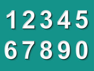 Collection of isolated round number icons for 0 - 9. set of 3D figures and percent sign. The template in white color with shadow.