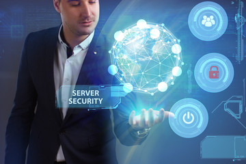 Business, Technology, Internet and network concept. Young businessman working on a virtual screen of the future and sees the inscription: Server security