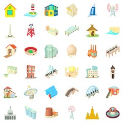 Big building icons set, cartoon style