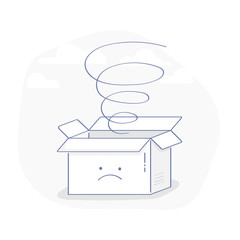 Open empty box with cute frustrated face. Empty shopping cart, delivery box or parcel illustration concept
