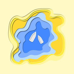 3d abstract paper cut illlustration of lake, sand and boats. Vector colorful template in carving art style.