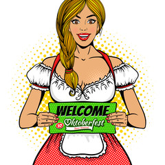 Young sexy waitress in traditional Bavarian dress holding board with Welcome to Oktoberfest beer festival text. Vector bright object in retro comic pop art style on white background. Party invitation.