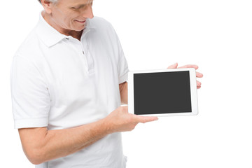 man presenting digital tablet
