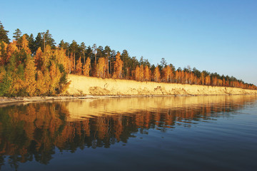 Fototapeta premium Panoramic landscape with river and autumn forest on the high Bank.
