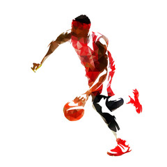 Fototapeta premium Running basketball player with ball, abstract geometric vector silhouette