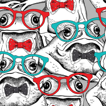Seamless pattern with image of a frogs in glasses and tie. Vector illustration.