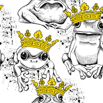 Seamless pattern with frog and toad wearing a yellow crown. Vector illustration.