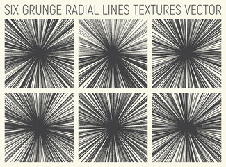 Set of Six Grunge Hand Drawn Radial Lines Textures Vector Abstract Background