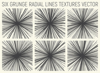 Set of Six Grunge Hand Drawn Radial Lines Textures Vector Abstract Background