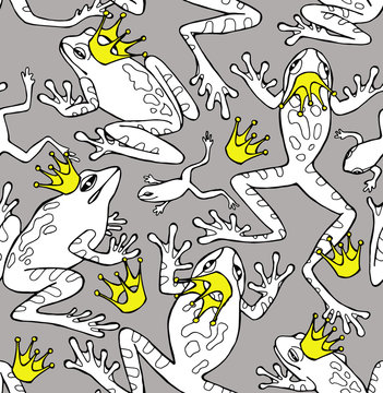 Seamless Pattern Frogs with Crowns Gray
