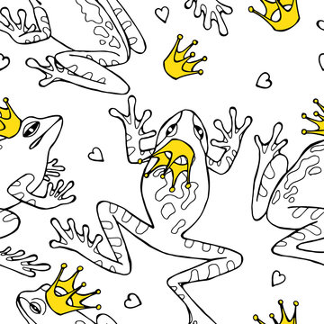 Seamless pattern with image frogs and crowns. Vector illustration.