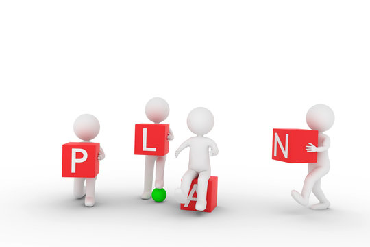 Ein PLAN hilft das Ziel zu erreichen. Vier 3D-Charaktere in verschiedenen Posen tragen jeweils einen roten Wuerfel mit den Buchstaben "PLAN"