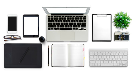 Top view of White office desk table with office supplies.