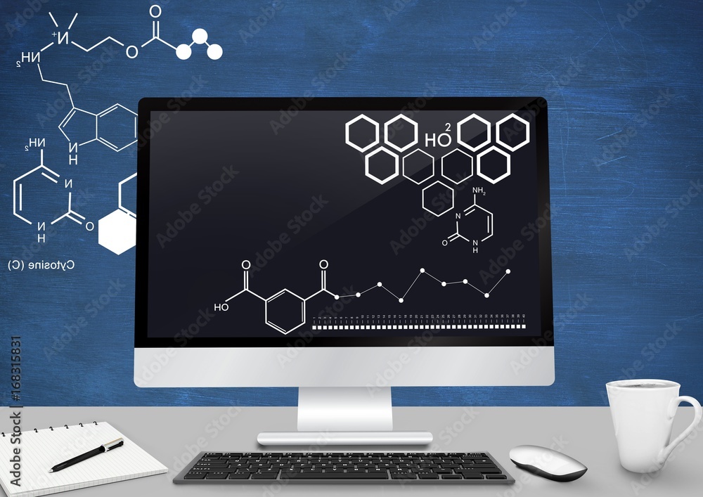 Poster computer desk foreground with blackboard graphics of science dia