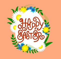 Vector illustration Easter lettering poster with floral elements, egg shape and decorate text.