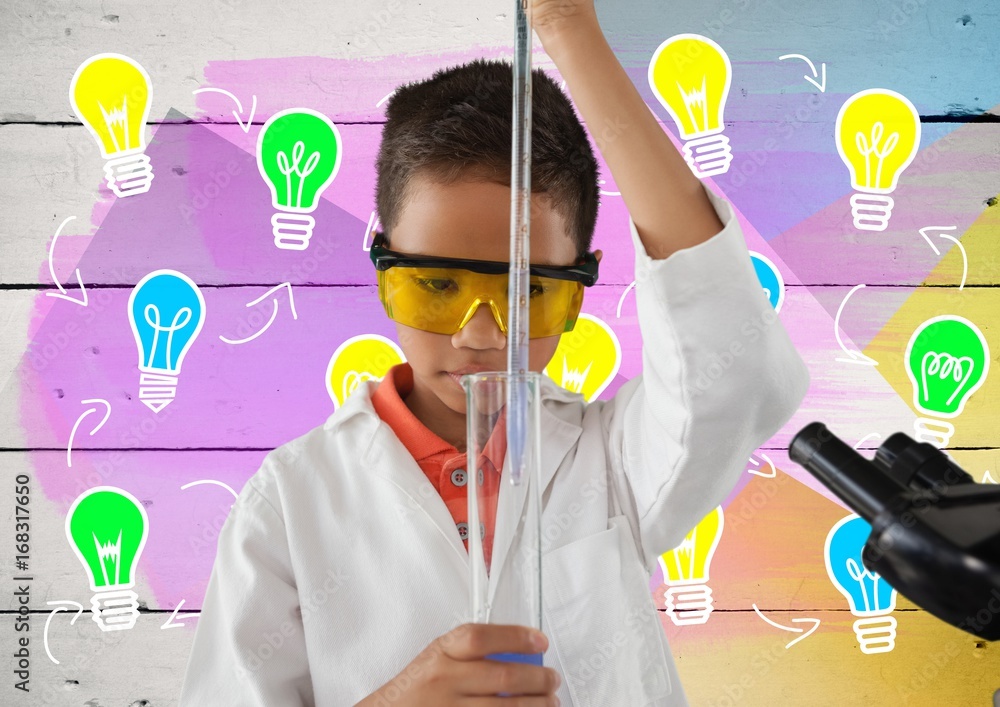 Poster boy scientist working in lab with colorful light bulb graphics