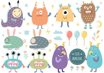 Vector set of cute monsters. Funny characters isolated elements. Vector illustration