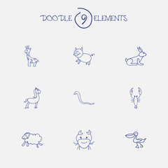 Naklejka na ściany i meble Set Of 9 Editable Animal Doodles. Includes Symbols Such As Ewe, Rabbit, Serpent And More. Can Be Used For Web, Mobile, UI And Infographic Design.