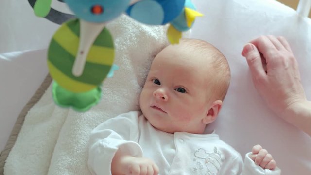 Newborn baby in crib. Hands young mother touching a newborn baby in a adle