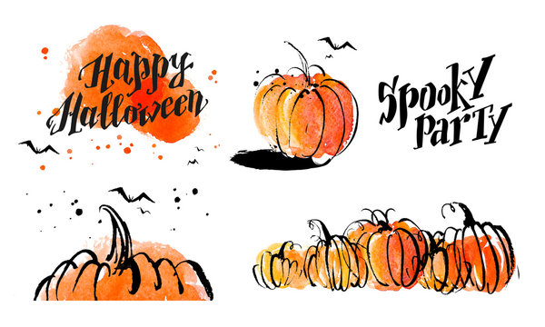 Halloween watercolor hand drawn artistic pumpkin and horror decoration elements isolated on white background collection. Good for Halloween fair banner, festival poster, party advertisement design.