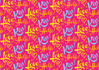 Fototapeta premium Abstract colorful background with text kiss, love, hello. Gift wrapping paper for Valentines day, vector image