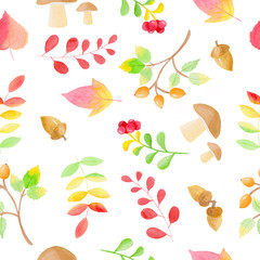 Watercolor seamless pattern with hand drawn autumn leaves.