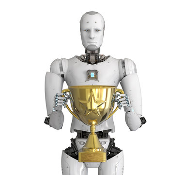 robot holding golden trophy