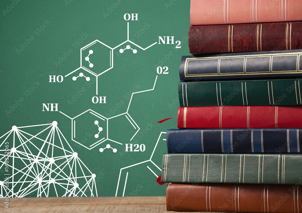 Poster Stack of books next to blackboard with science diagrams