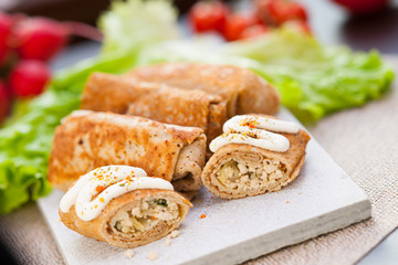 Pancakes with meat and vegetables 