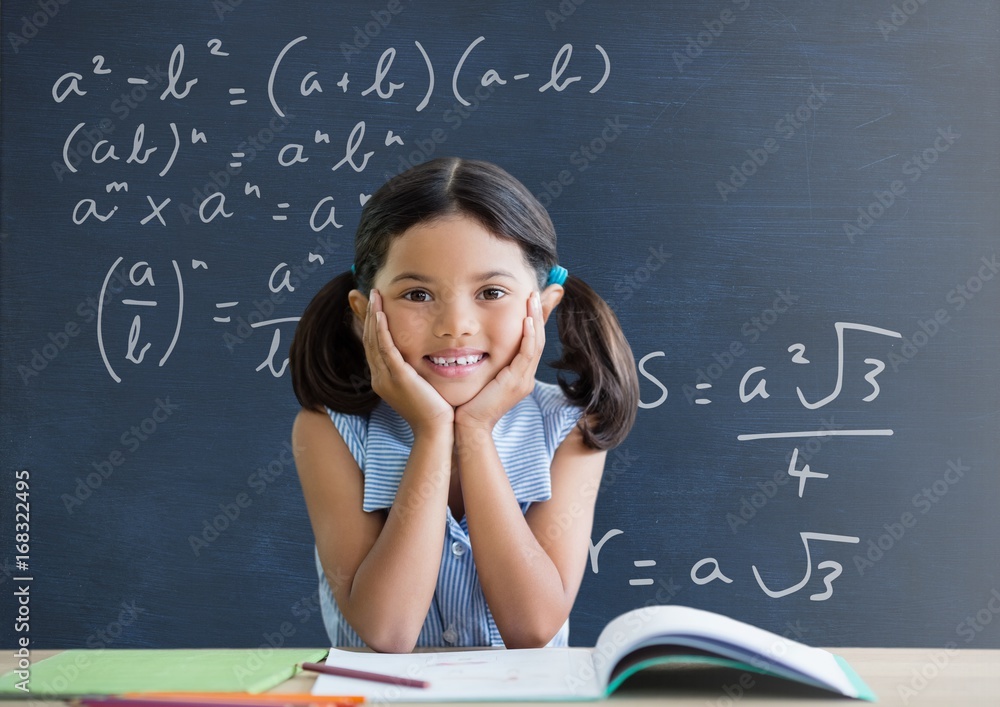 Sticker Student girl at table against blue blackboard with education and