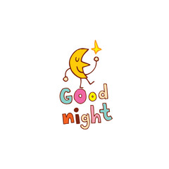 good night hand lettering design with cute moon character