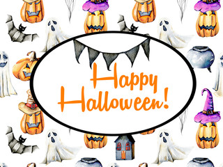 Card template, oval frame on watercolor Halloween background, hand painted on a white background