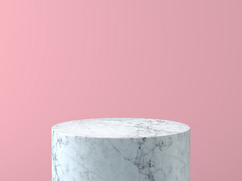 Empty white marble podium on pastel pink color background. 3D rendering.
